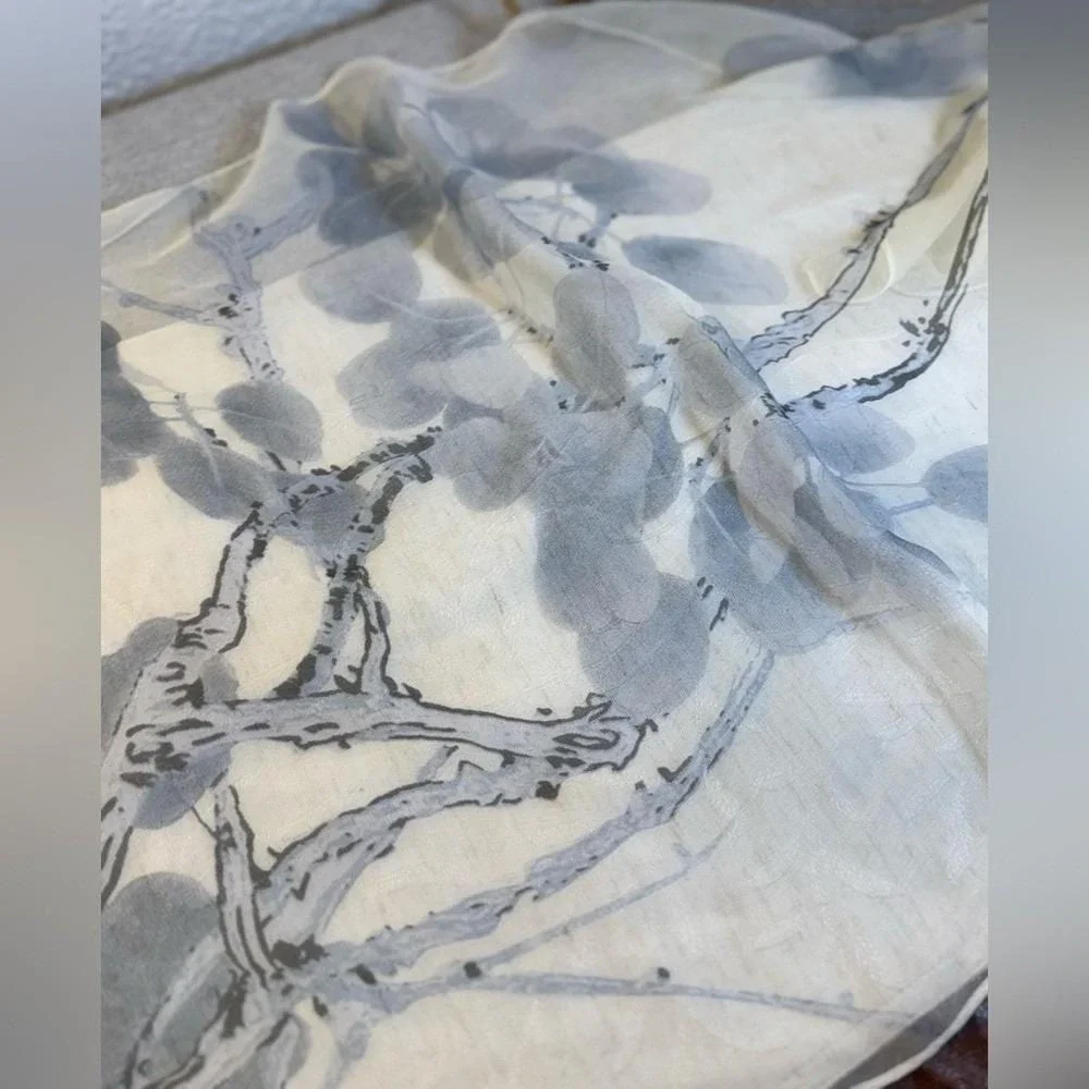 Vintage Chinese Ink Wash Floral Scarf 19x64 | Silk Feel Plum Blossom Calligraphy - Picture 4 of 10